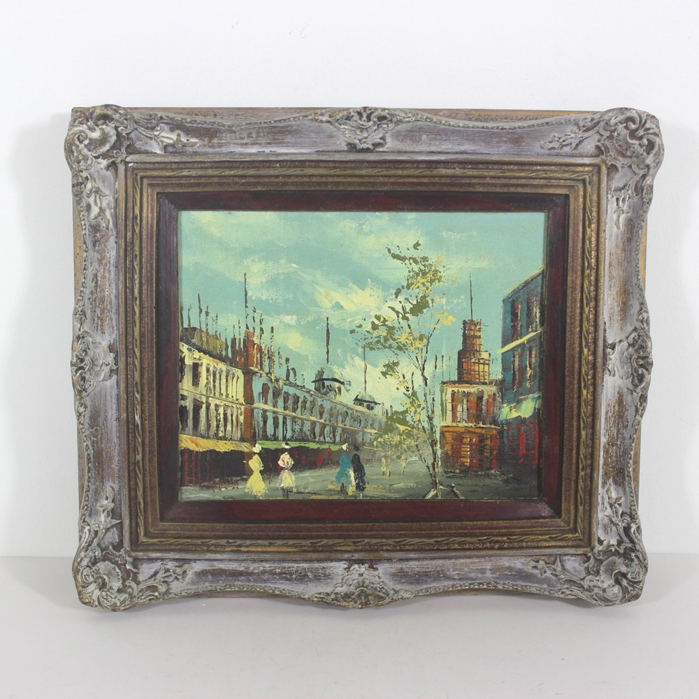 Vintage European City Scene Paris France Oil Painting, Framed Small Original Art